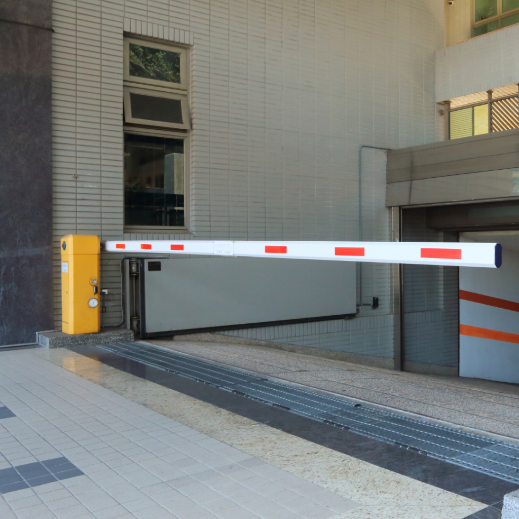 entrance of car park with barrier closed