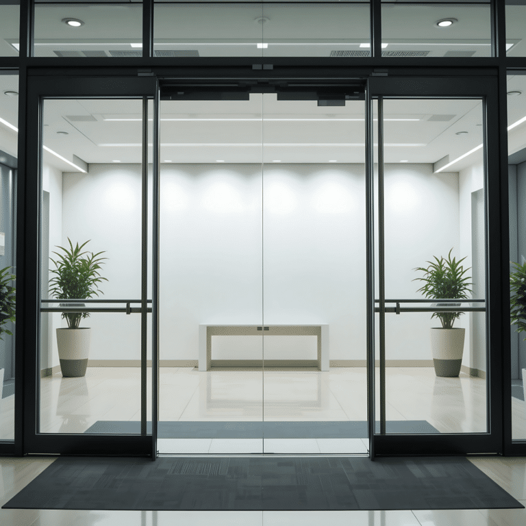 Automatic Doors Accessibility. Image of a sliding automatic door with the doors open.