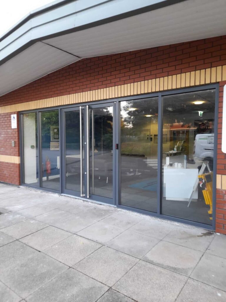 Commercial door security. Image of an aluminium doorway.